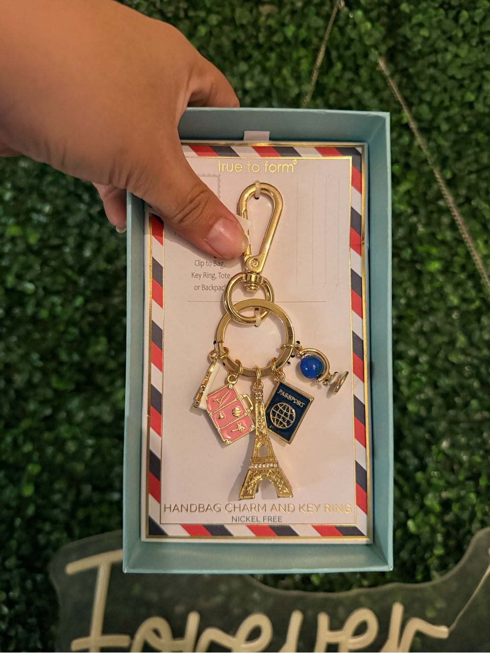 True to Form Gold Eiffel Tower Key Ring with Pink Handbag & Blue Passport Charms